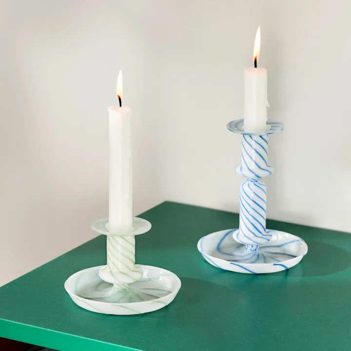 Flare Candlestick, milk / green and milk / blue from HAY