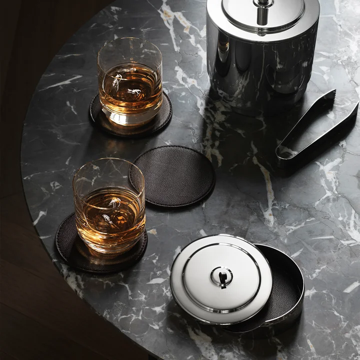 Manhattan Coaster set of 4, stainless steel / leather from Georg Jensen