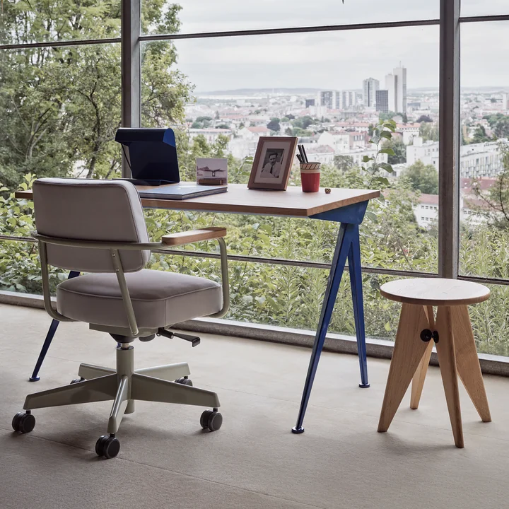 Compas Direction Table from Vitra in the finish natural oak / Prouvé Bleu Marcoule