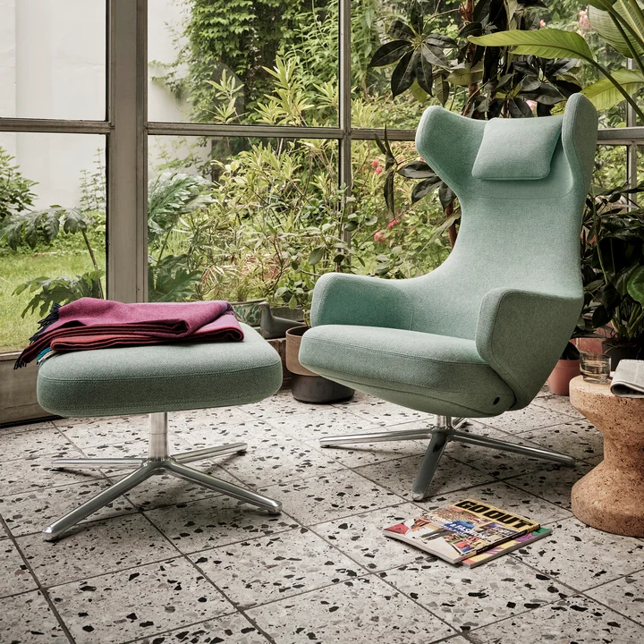 Grand Repos Armchair and Ottoman from Vitra in the Dumet pale blue emerald version