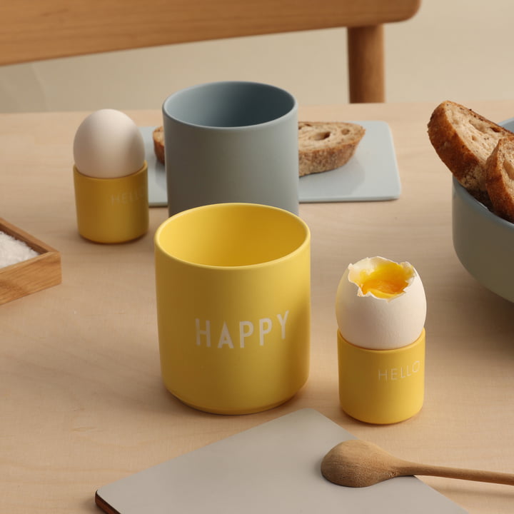 AJ Favourite Porcelain mug from Design Letters in the version Happy / yellow with egg cup