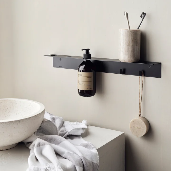 Shelf with bottle holder and hook bar from Meraki