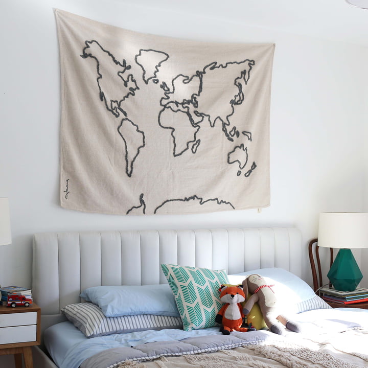 Tapestry, world map, 160 x 120 cm, natural / black from Lorena Canals