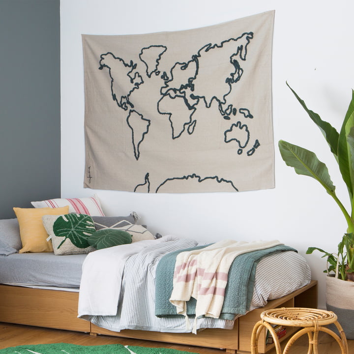 Tapestry, world map, 160 x 120 cm, natural / black from Lorena Canals