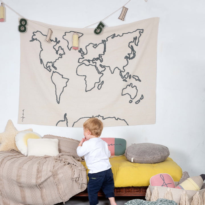 Tapestry, world map, 160 x 120 cm, natural / black from Lorena Canals