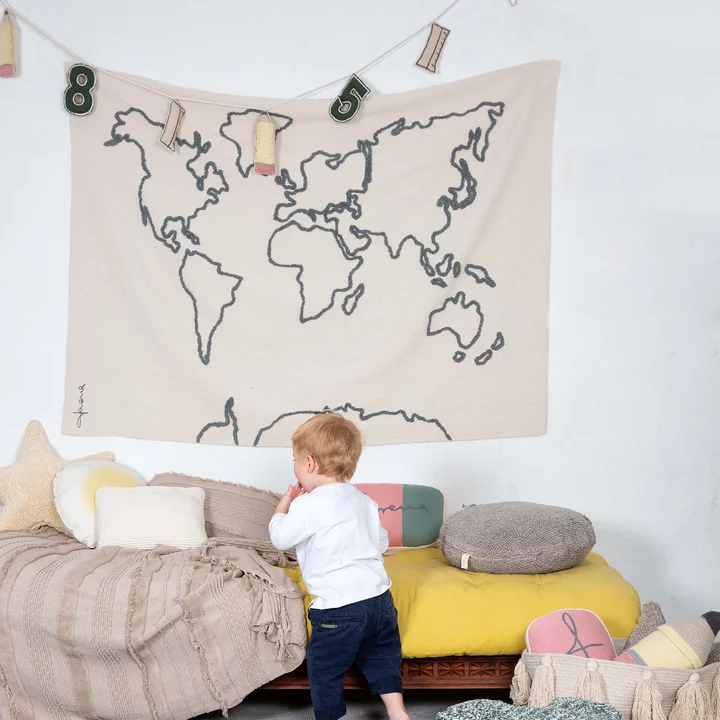 Tapestry, world map, 160 x 120 cm, natural / black from Lorena Canals