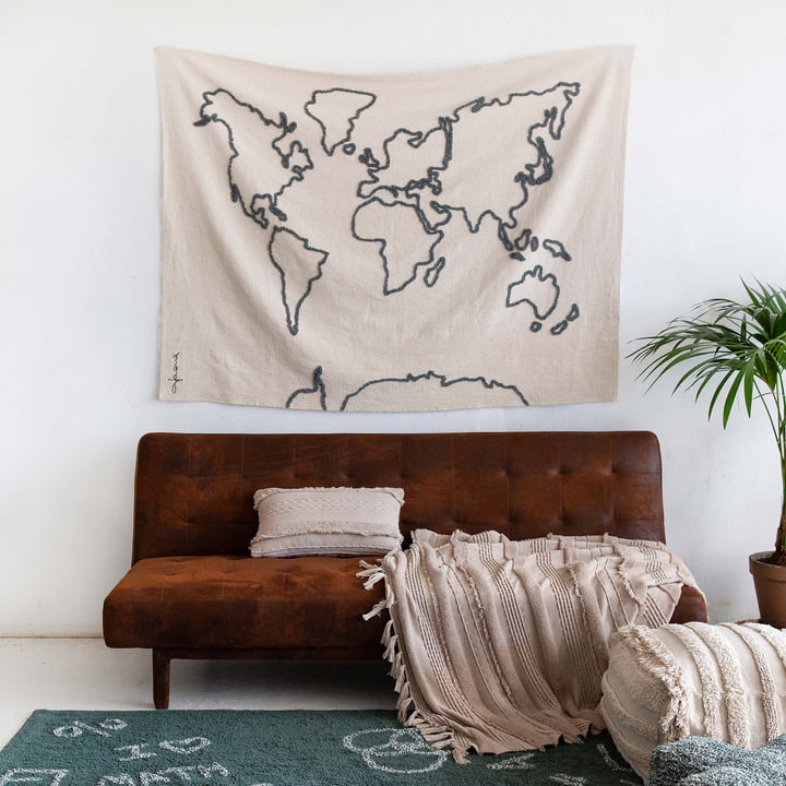 Tapestry, world map, 160 x 120 cm, natural / black from Lorena Canals