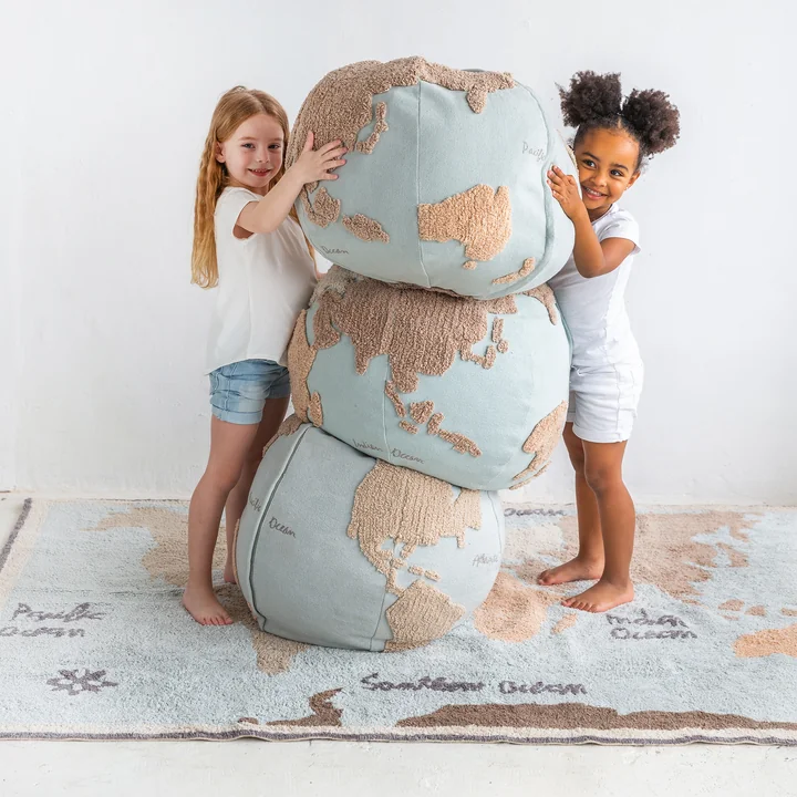 World Map Pouf, Ø 50 cm, light blue / beige from Lorena Canals
