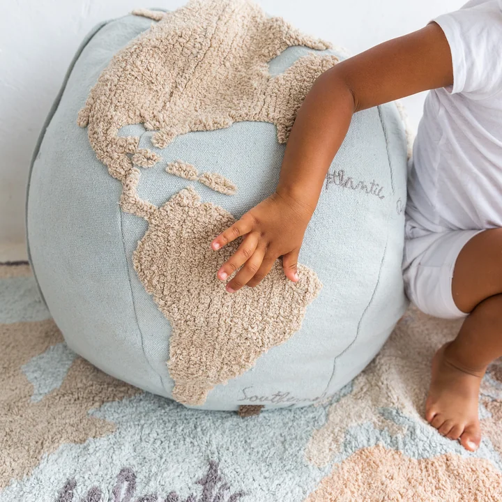 World Map Pouf, Ø 50 cm, light blue / beige from Lorena Canals