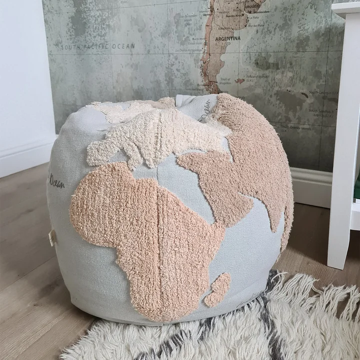 World Map Pouf, Ø 50 cm, light blue / beige from Lorena Canals