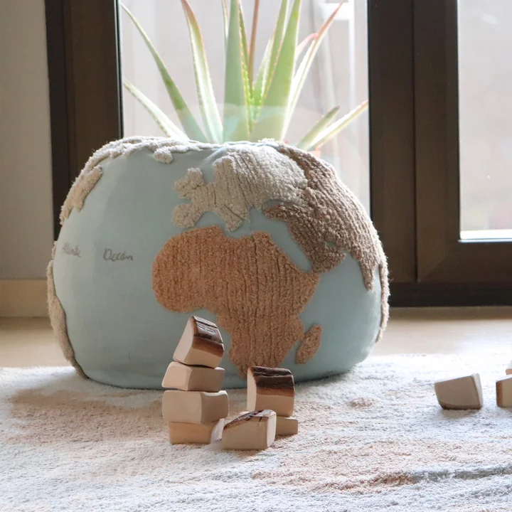 World Map Pouf, Ø 50 cm, light blue / beige from Lorena Canals