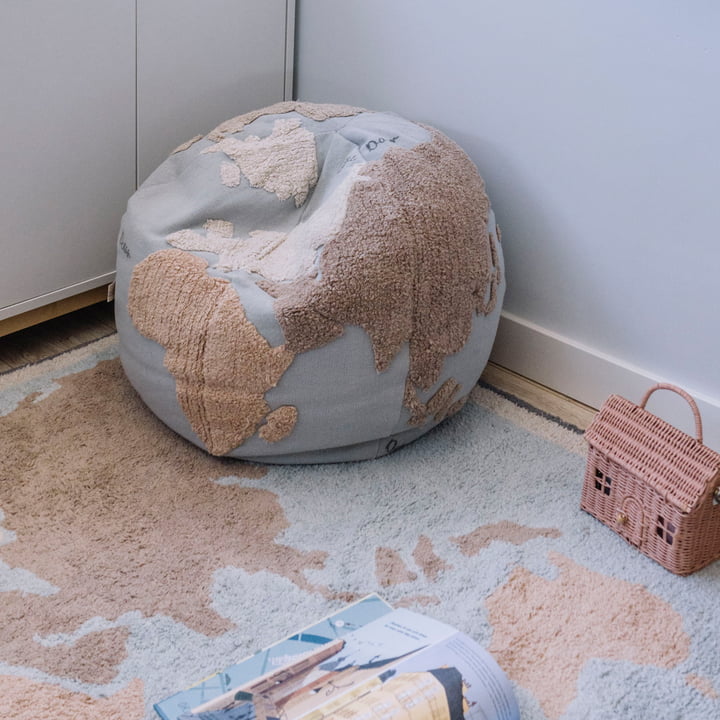 World Map Pouf, Ø 50 cm, light blue / beige from Lorena Canals