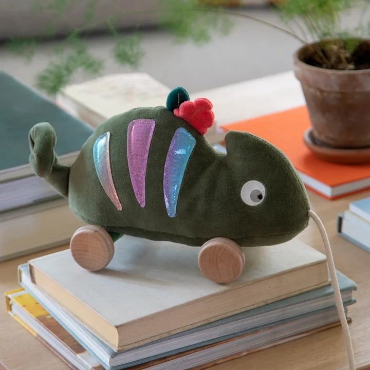 Fabric pull-along toy Carley the chameleon, green by Sebra