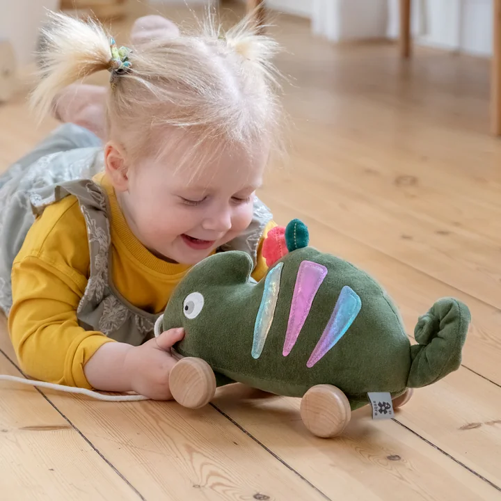 Fabric pull-along toy Carley the chameleon, green by Sebra