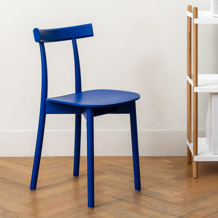Skinny Wooden Chair in the blue version (RAL 5002)