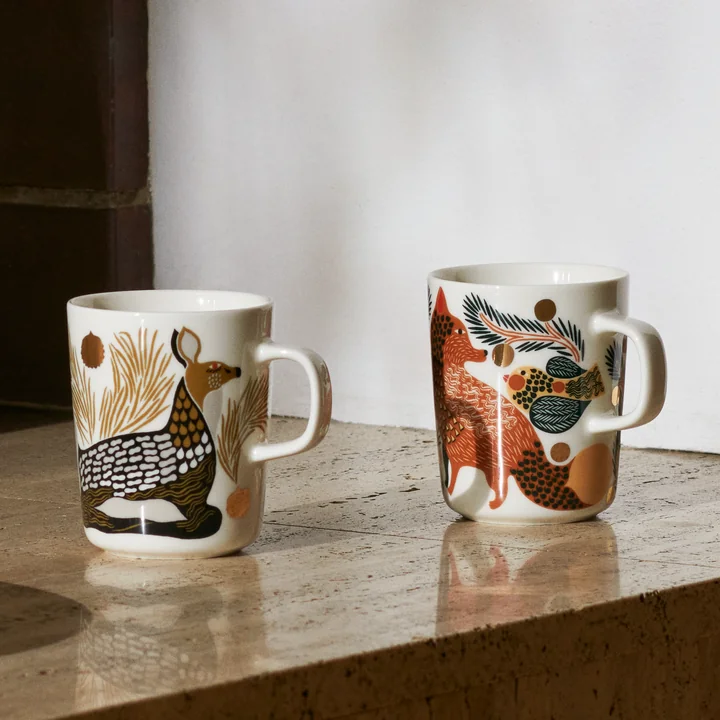 Oiva Ketunmarja & Peura mug with handle, 250 ml, white / coal / mud / light gray (set of 2) by Marimekko