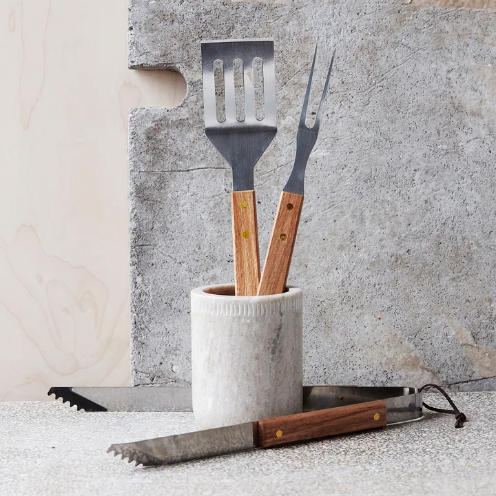 BBQ tool, acacia natural / stainless steel (set of 3) by Nicolas Vahé