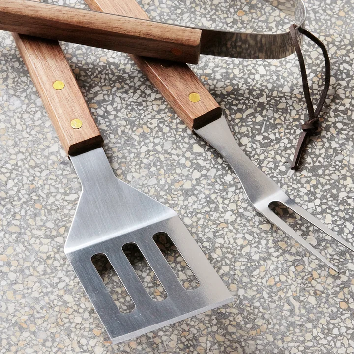 BBQ tool, acacia natural / stainless steel (set of 3) by Nicolas Vahé