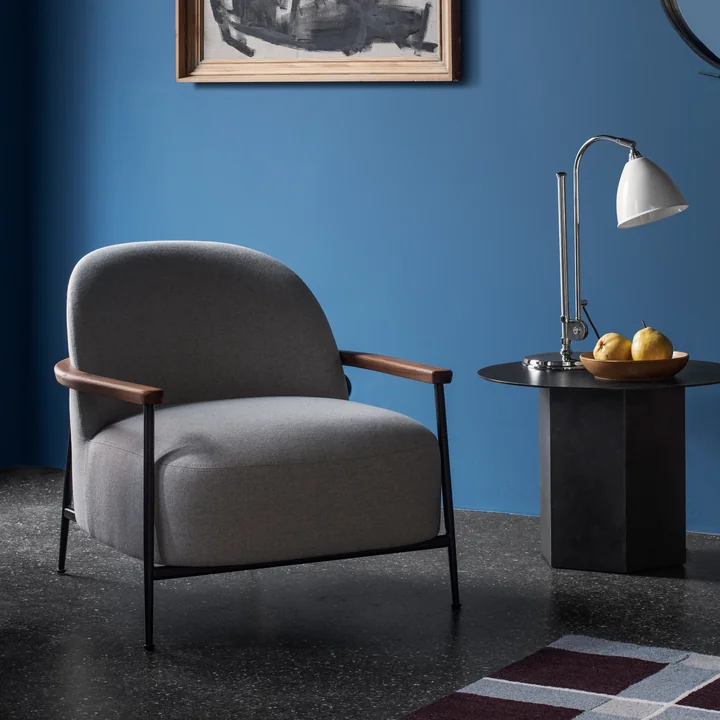 Gubi - Sejour Lounge Chair with armrests, matt black / walnut oiled / Dedar Flair Special 202