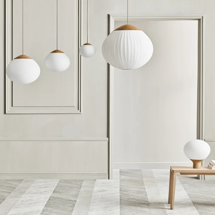 Acorn Lamps, oiled oak / matt opal glass by Bolia