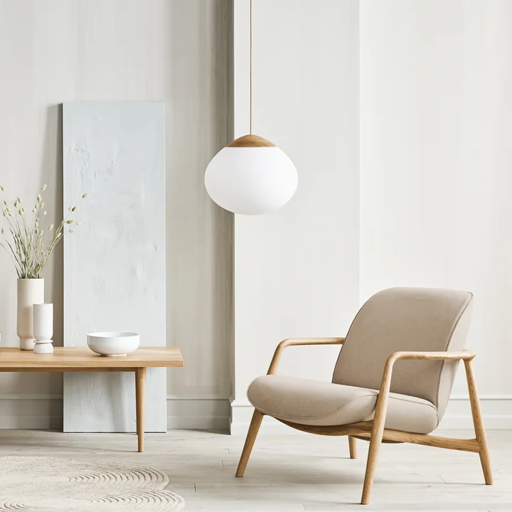 Bowie armchair and Acorn pendant light, oiled oak / matt opal glass by Bolia