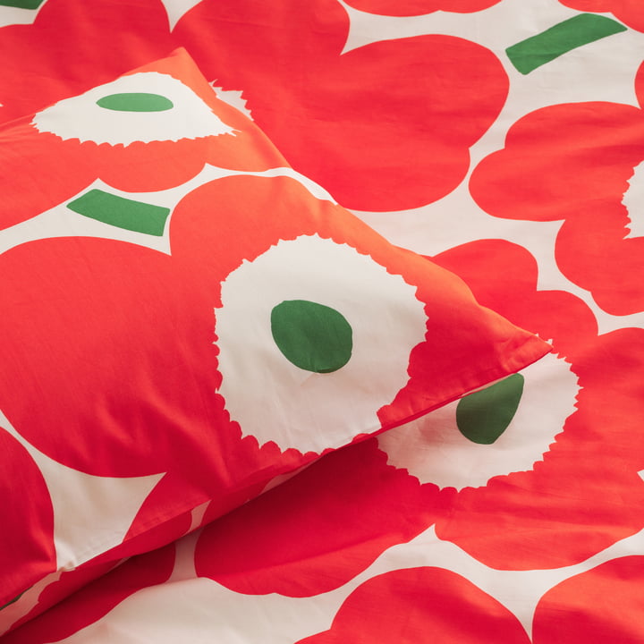 Unikko Pillowcase, offwhite / orange / green by Marimekko