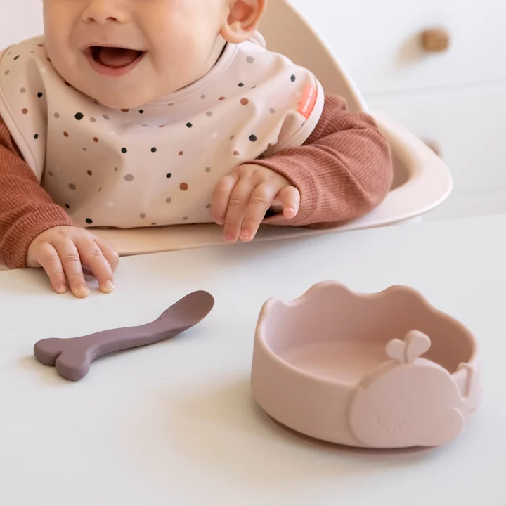 Silicone Stick & Stay Bowl with baby spoon from Done by Deer