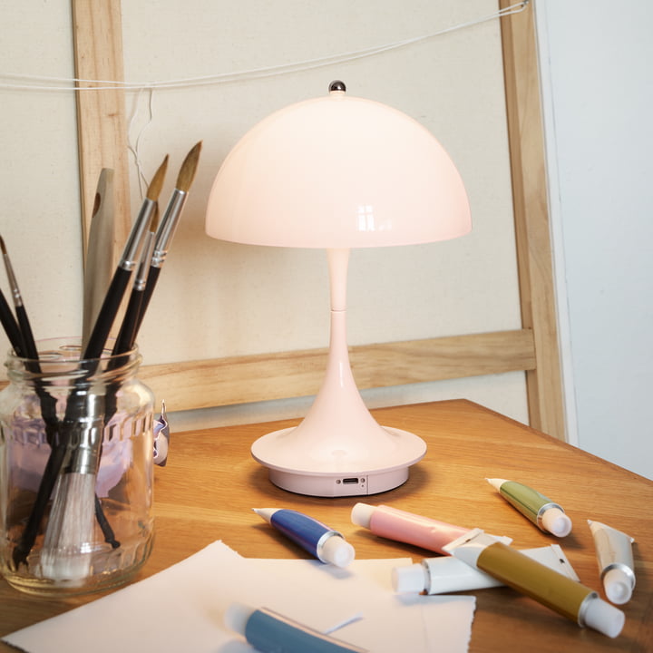 Panthella 160 Portable rechargeable LED table lamp, pale rose opal (acrylic) by Louis Poulsen