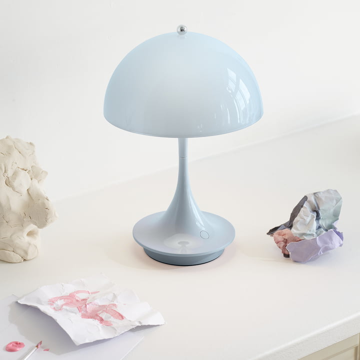 Panthella 160 Portable rechargeable LED table lamp, pale blue opal (acrylic) by Louis Poulsen