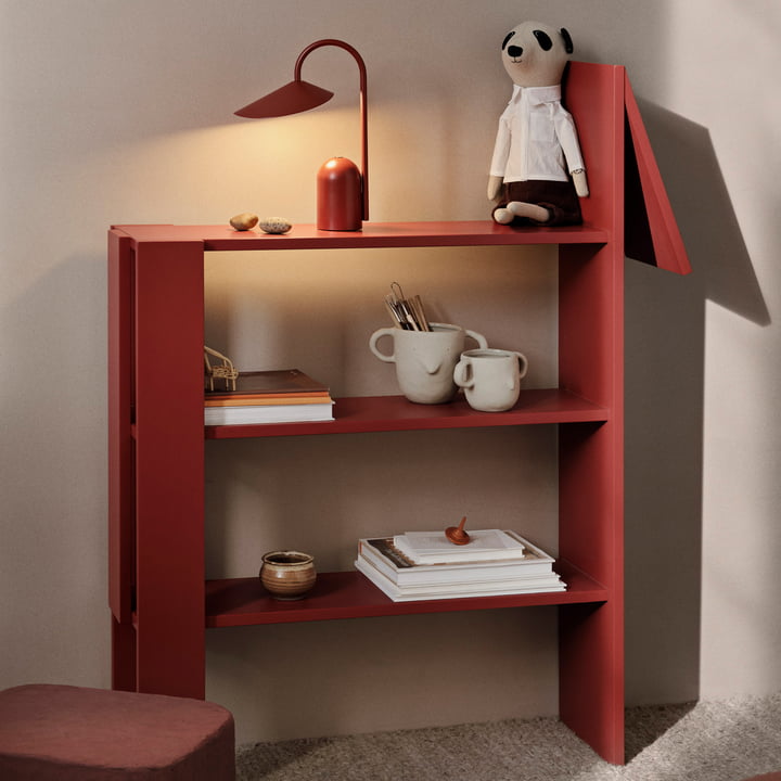 Arum Battery table lamp and Horse bookcase, red by ferm Living