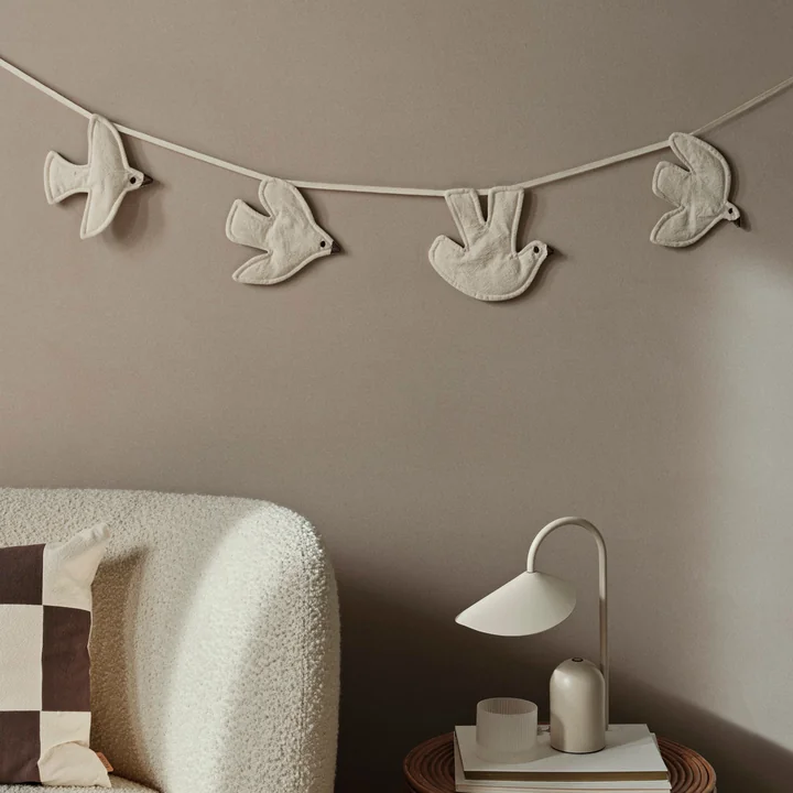 Arum Rechargeable LED table lamp and Swif Bird garland, natural by Ferm Living