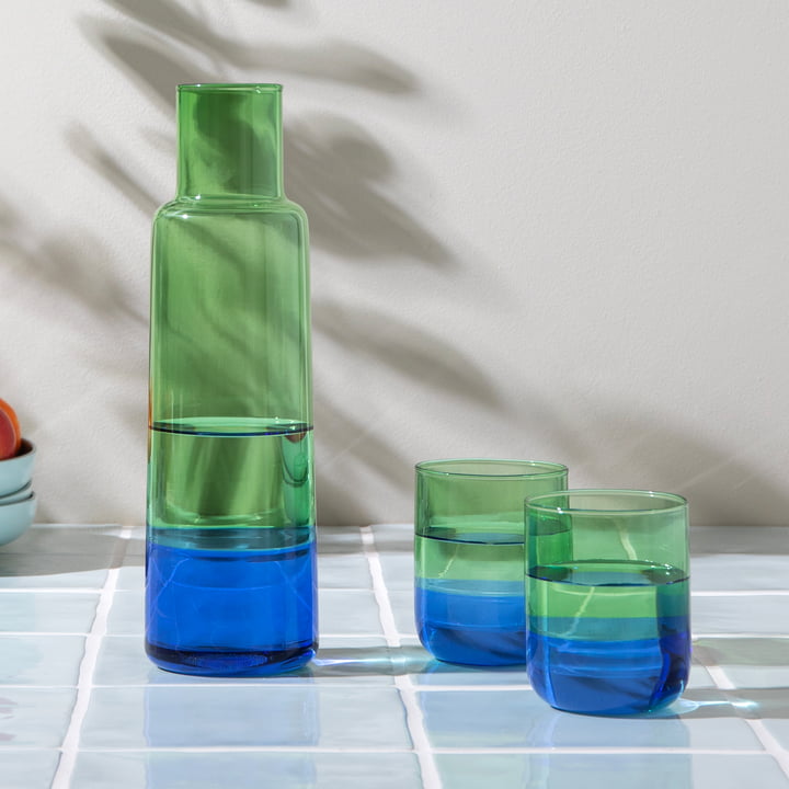 Glass carafe and drinking glasses, ocean from Remember