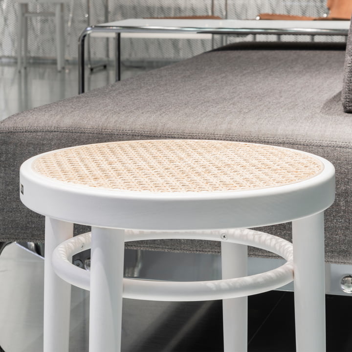 214 RH Stool, wickerwork with plastic support fabric / white varnished beech (TP 200) from Thonet