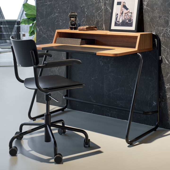 S 43 FDR Office chair with armrests, black aluminum / black stained beech from Thonet