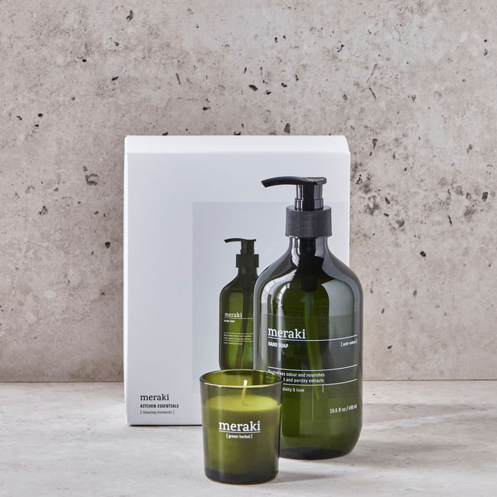 Meraki - Gift Box Kitchen, Kitchen essential Anti-Odour Hand Soap (490 ml) & Green herbal candle