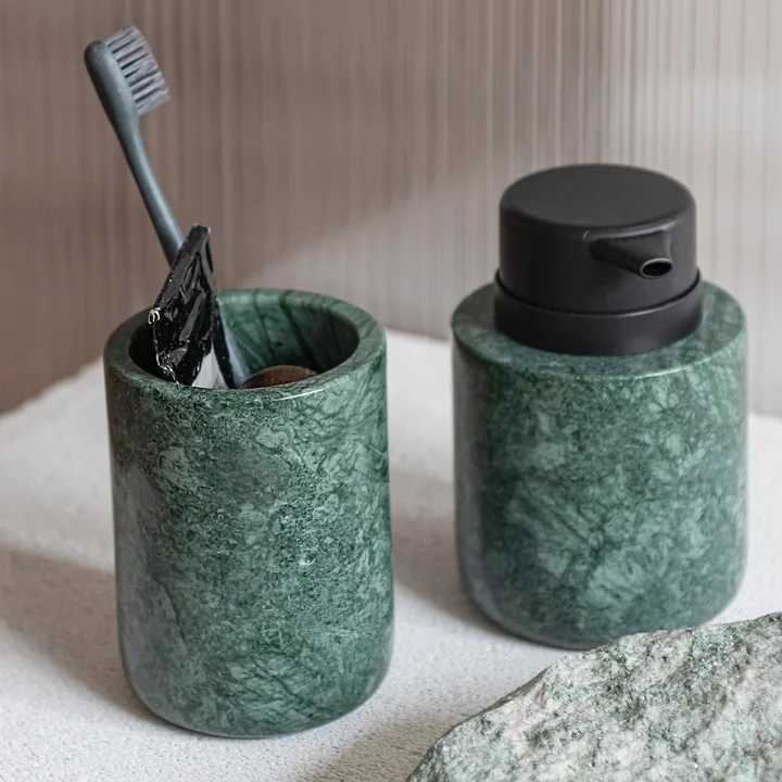 Mette Ditmer - Marble toothbrush tumbler and soap dispenser low, dark forest