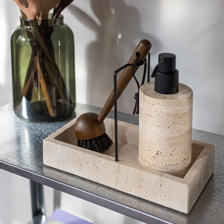 Mette Ditmer - Travertine soap dispenser, tall and rinse organizer, linen