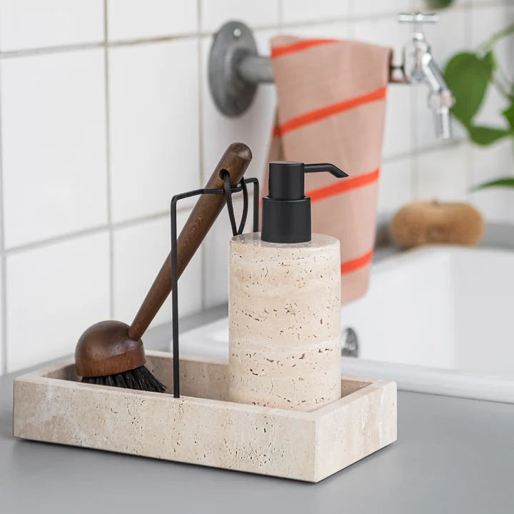 Mette Ditmer - Travertine soap dispenser, tall and rinse organizer, linen