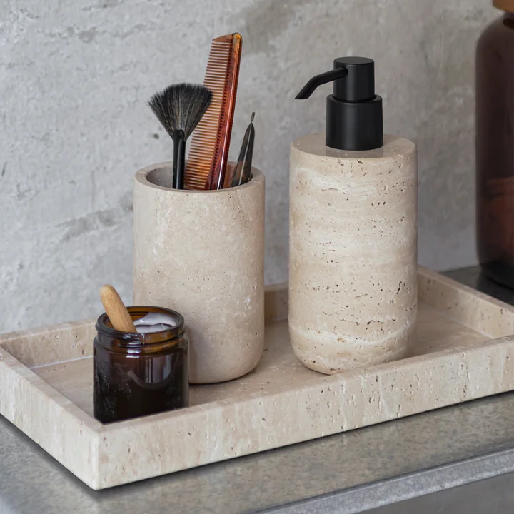 Mette Ditmer - Travertine toothbrush tumbler and soap dispenser, tall, linen