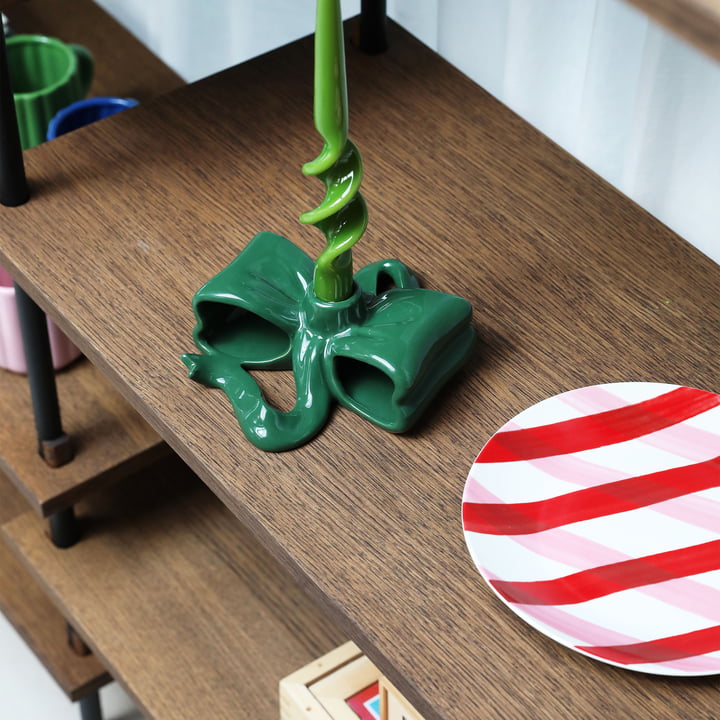& klevering - Ribbon candle holder, green, Bliss plate