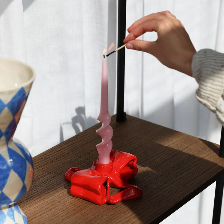 & klevering - Ribbon candle holder, red, Alpha pillar candle