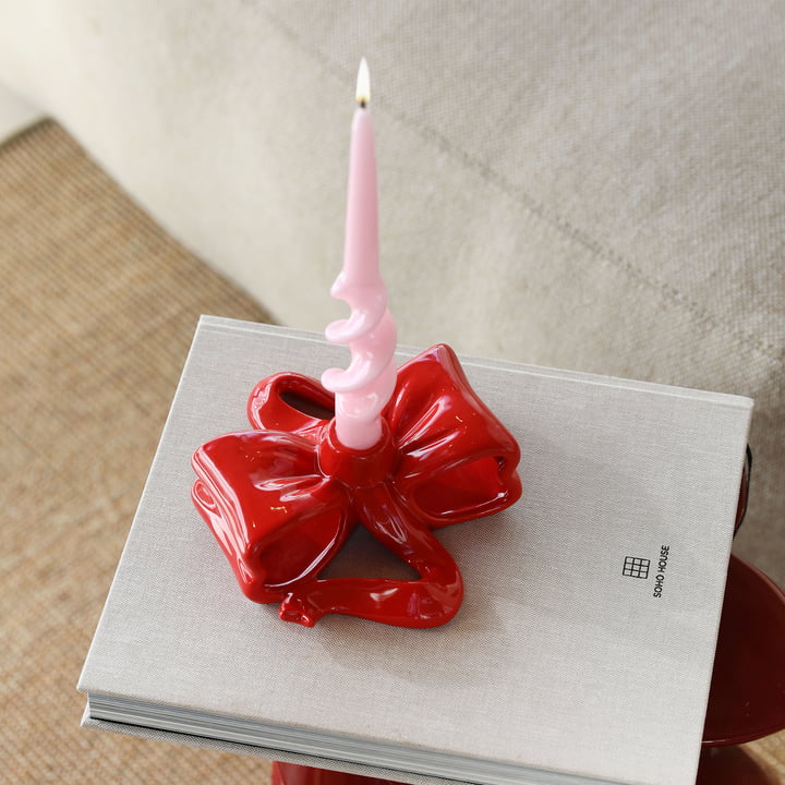 & klevering - Ribbon candle holder, red, Alpha pillar candle