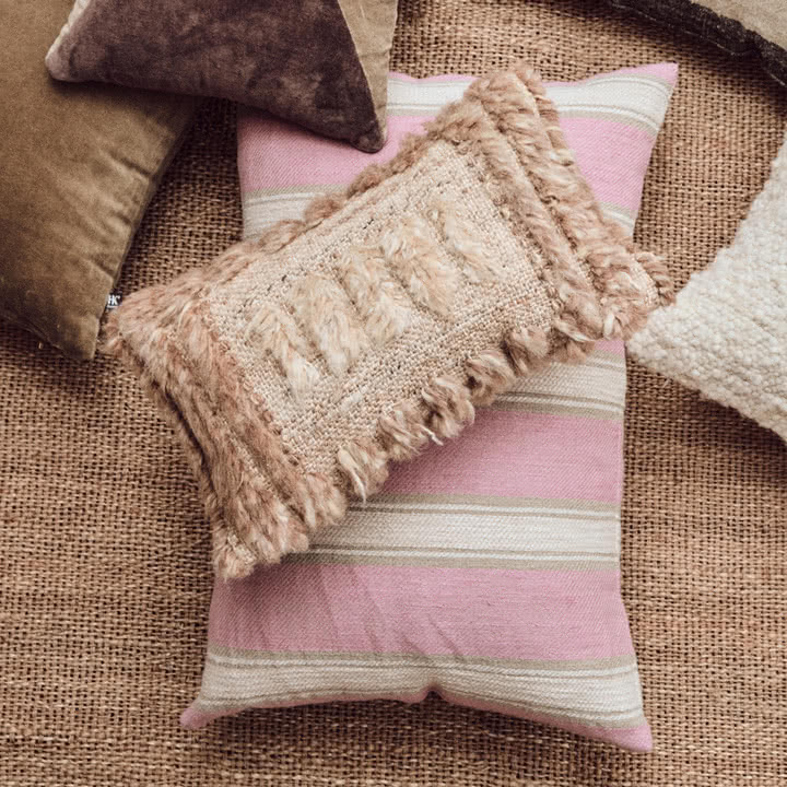 HKliving - Natural Cushion, furry / Woven striped linen cushion, blush