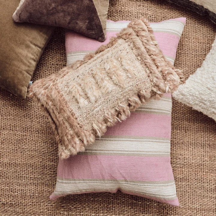 HKliving - Natural Cushion, furry / Woven striped linen cushion, blush