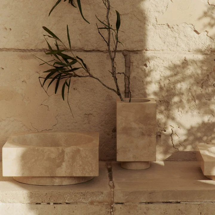 Ferm Living - Hew decorative bowl, H 11 cm and Hew vase, travertine
