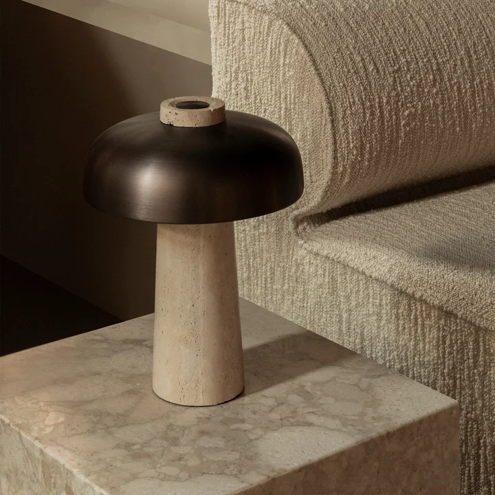 Audo - Reverse LED table lamp with rechargeable battery, Ø 24.5 x H 19.6 cm, burnished brass / travertine stone