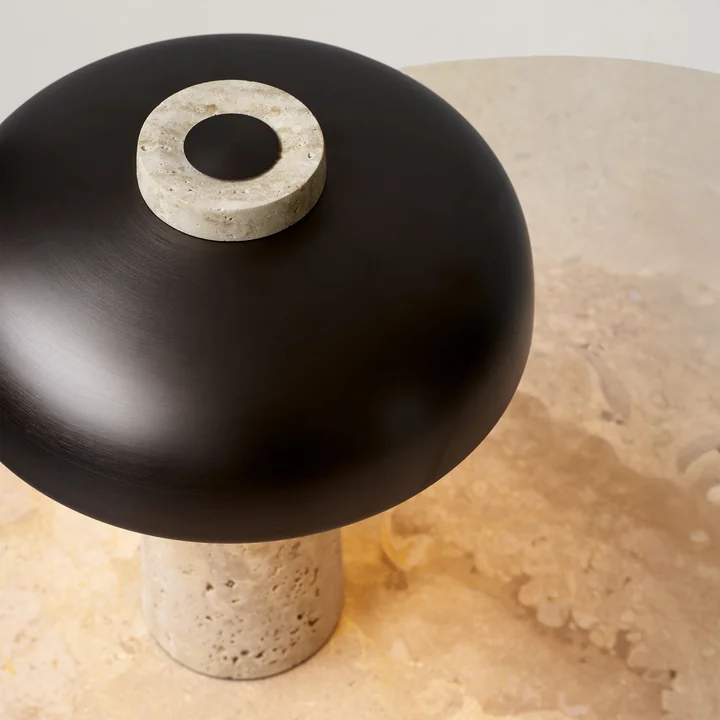 Audo - Reverse LED table lamp with rechargeable battery, Ø 24.5 x H 19.6 cm, burnished brass / travertine stone