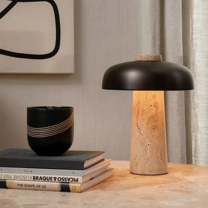 Audo - Reverse LED table lamp with rechargeable battery, Ø 24.5 x H 19.6 cm, burnished brass / travertine stone