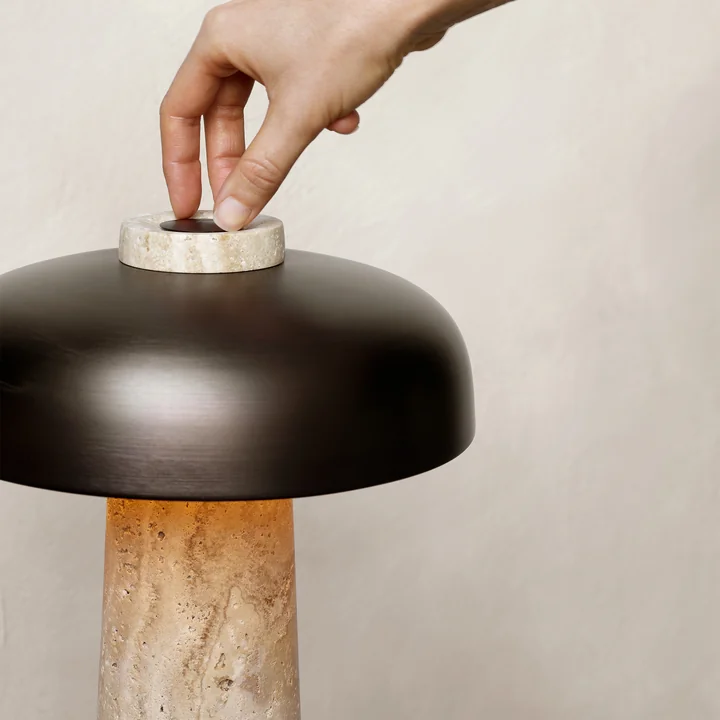 Audo - Reverse LED table lamp with rechargeable battery, Ø 24.5 x H 19.6 cm, burnished brass / travertine stone