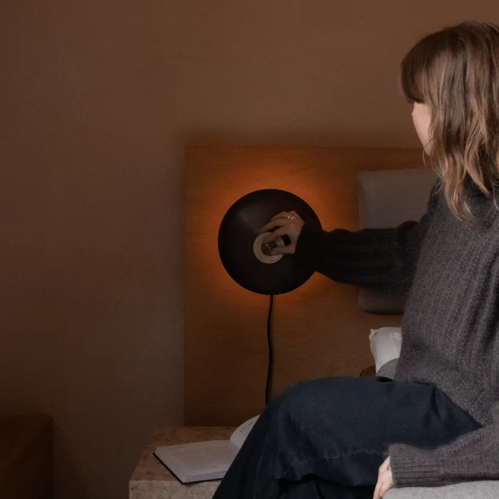 Audo - Reverse LED wall light, Ø 24 x H 15.5 cm, burnished brass / travertine stone
